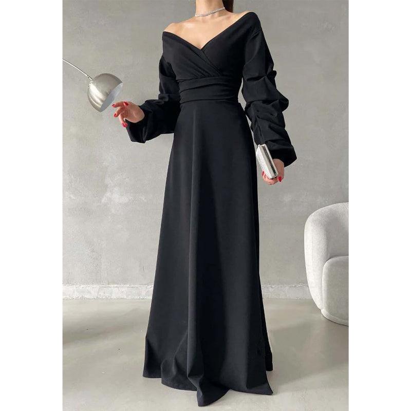 Vestido de fiesta largo sencillo con escote en V, hombros descubiertos y mangas abullonadas 