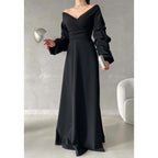 Vestido de fiesta largo sencillo con escote en V, hombros descubiertos y mangas abullonadas 