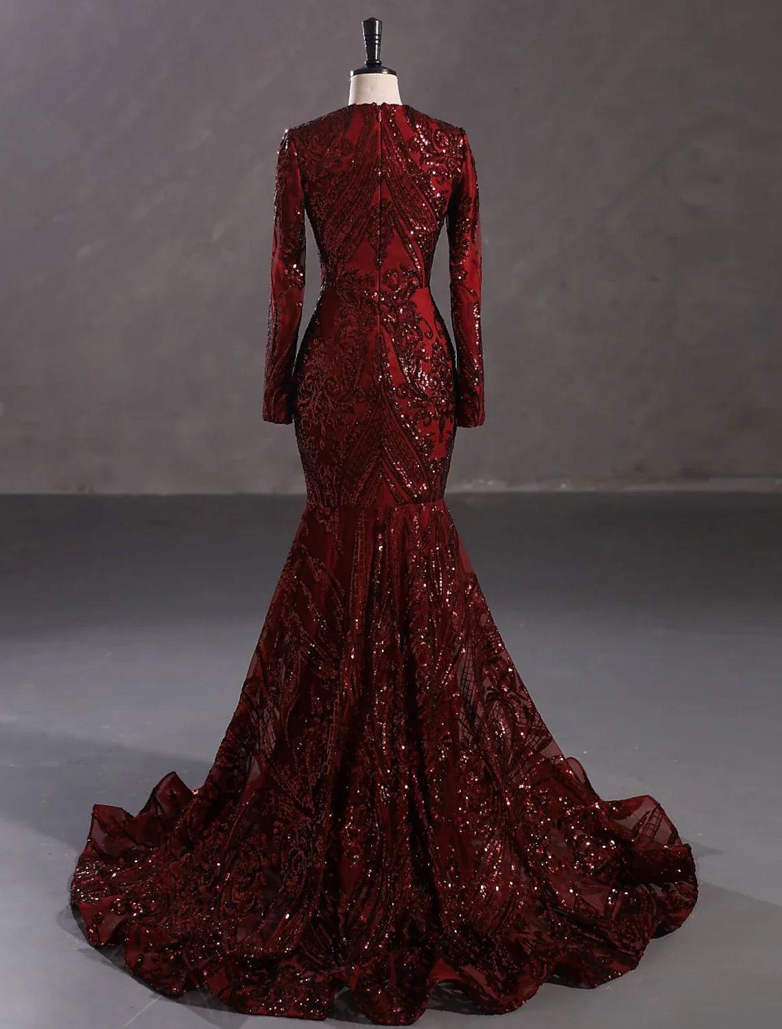 Meerjungfrau/Trompete Abendkleid Sparkle &amp; Shine Kleid Karneval Formell Hofschleppe Langarm V-Ausschnitt Afroamerikaner Spitze mit Pailletten