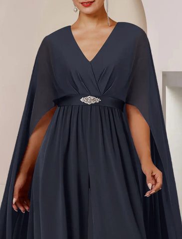 Jumpsuits Kleid für die Brautmutter, formelle Hochzeitsgastparty, elegant, V-Ausschnitt, bodenlang, Chiffon, ärmellos, mit Kristallbrosche
