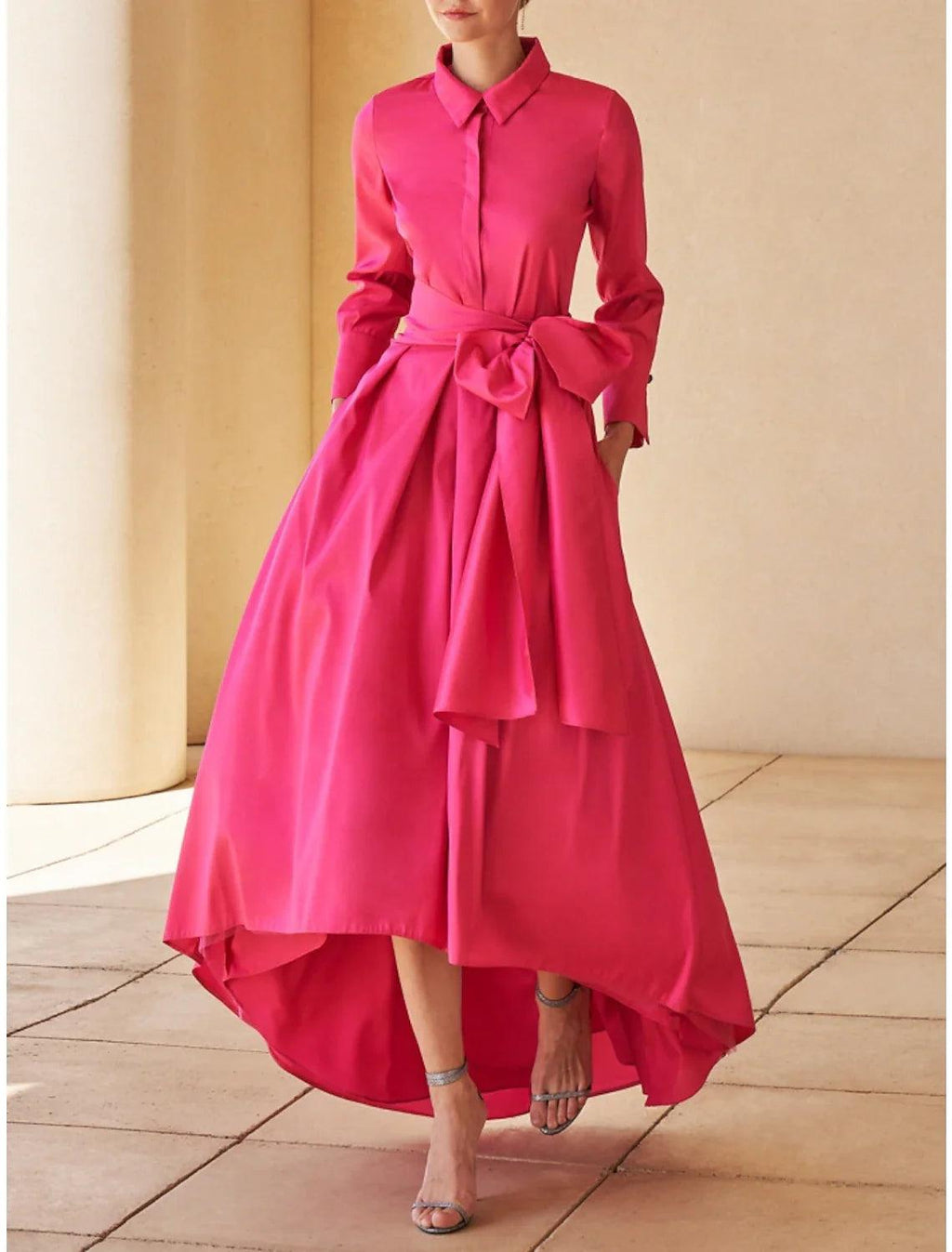 Vestido de novia NumberSea de corte A para madre de la novia, elegante, para invitada de boda, cuello camisero asimétrico, de satén, manga larga con faja/cinta fruncida