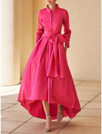 Vestido de novia NumberSea de corte A para madre de la novia, elegante, para invitada de boda, cuello camisero asimétrico, de satén, manga larga con faja/cinta fruncida