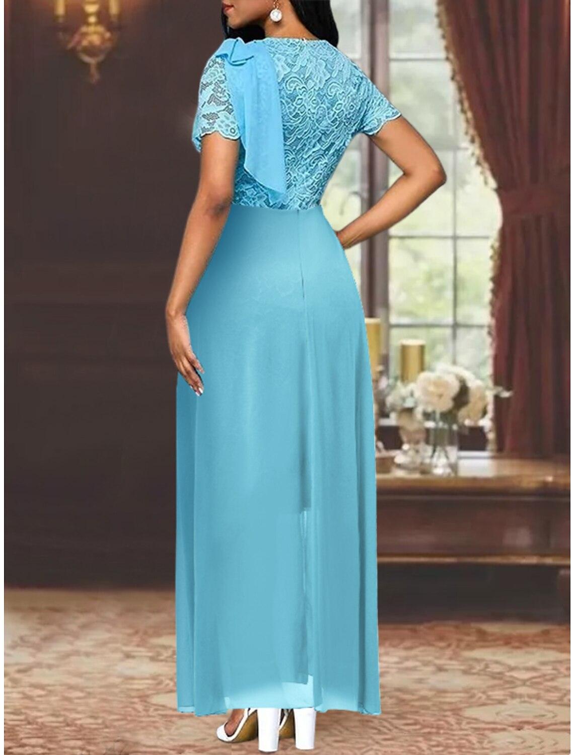 Vestido de madre de la novia con corte tubo/columna, elegante, escote redondo, largo hasta la rodilla, de gasa, con encaje, manga corta y lazo(s).