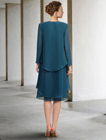 Zweiteiliges Etuikleid/Säulenkleid für die Brautmutter, Kirche, Vintage, elegant, V-Ausschnitt, knielang, Chiffon, ärmellos, Wickelkleid inklusive, Jacke, Kleider mit drapierter Stufe