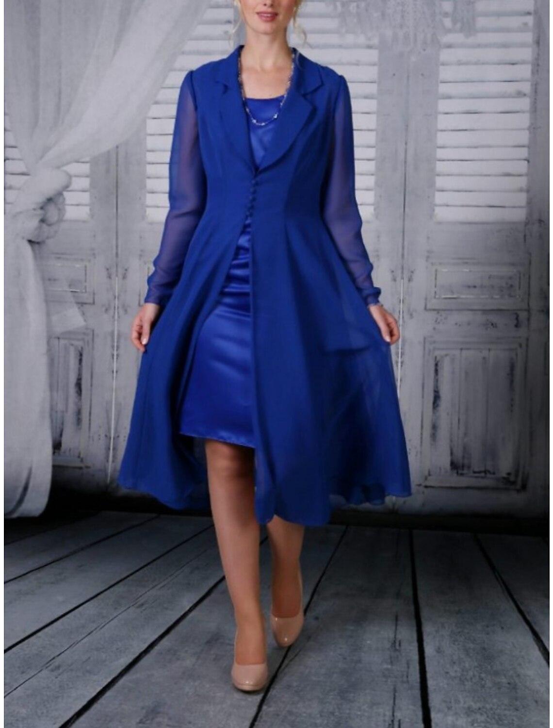 Zweiteiliges A-Linien-Kleid für die Mutter der Braut, Hochzeitsgast, schlicht, elegant, Hemdkragen, wadenlang, Chiffon, lange Ärmel mit Falten, einfarbig