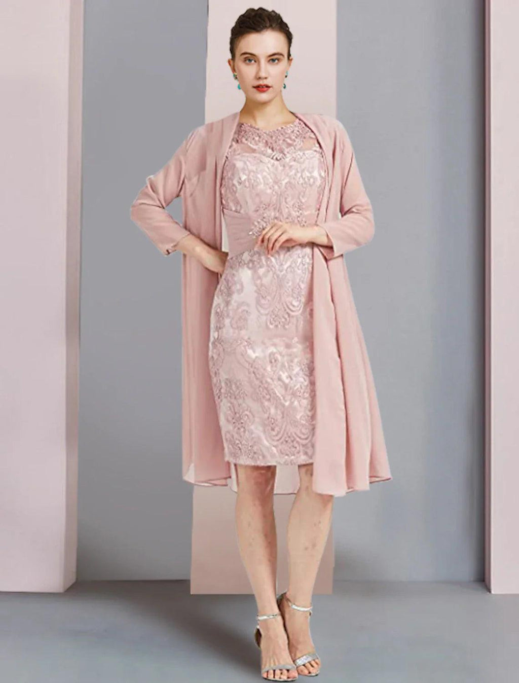 Vestido de dos piezas tipo tubo/columna para madre de la novia, elegante, de escote redondo, largo hasta la rodilla, de gasa, con encaje, sin mangas, con apliques de cuentas