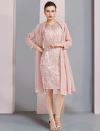Vestido de dos piezas tipo tubo/columna para madre de la novia, elegante, de escote redondo, largo hasta la rodilla, de gasa, con encaje, sin mangas, con apliques de cuentas