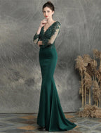 Vestidos de fiesta de sirena/trompeta, elegantes, formales, para invitados de boda, con cola larga y escote en V, de mezcla de algodón con apliques de cuentas.