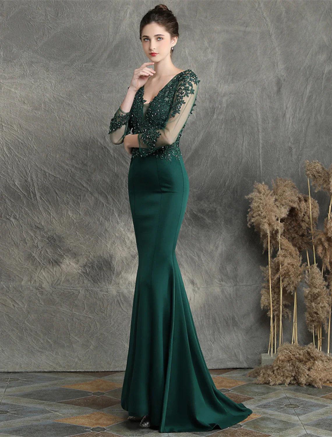 Vestidos de fiesta de sirena/trompeta, elegantes, formales, para invitados de boda, con cola larga y escote en V, de mezcla de algodón con apliques de cuentas.