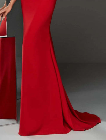 Meerjungfrau/Trompete Abendkleid Maxikleid Formeller Hochzeitsgast Sweep/Pinselzug Ärmellos Schmuckhals Stretch Chiffon mit Kristallen Reine Farbe