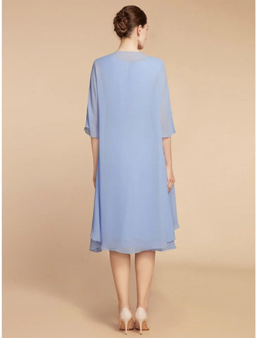 Vestido de dos piezas tipo tubo/columna para madre de la novia, elegante, pequeño, escote redondo, largo hasta la rodilla, de gasa, con encaje, media manga y fruncido, color liso.