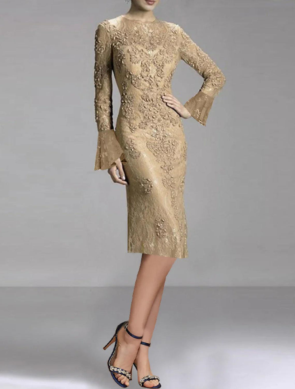 Etui-/Säulen-Cocktailkleider, elegantes Kleid, Party-Kleid, Hochzeitsfeier, knielang, lange Ärmel, Rundhalsausschnitt, Herbst, Hochzeitsgast, Spitze mit Applikationen