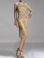 Etui-/Säulen-Cocktailkleider, elegantes Kleid, Party-Kleid, Hochzeitsfeier, knielang, lange Ärmel, Rundhalsausschnitt, Herbst, Hochzeitsgast, Spitze mit Applikationen