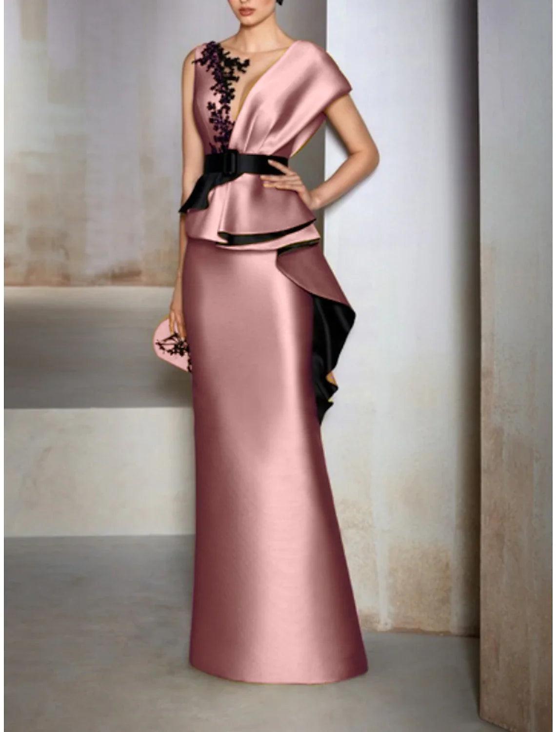 Gelbes Etuikleid/Säulen-Abendkleid aus Satin, Champagner, elegantes schwarzes Kleid, formelle Herbst-Bodenlänge, kurze Ärmel, V-Ausschnitt mit Rüschen, Stickerei-Applikationen