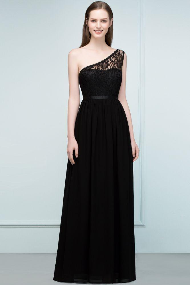 Bodenlanges A-Linien-Brautjungfernkleid aus Spitzenchiffon mit One-Shoulder-Träger und Schärpe