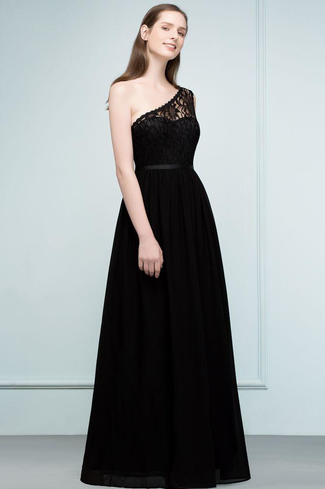 Bodenlanges A-Linien-Brautjungfernkleid aus Spitzenchiffon mit One-Shoulder-Träger und Schärpe