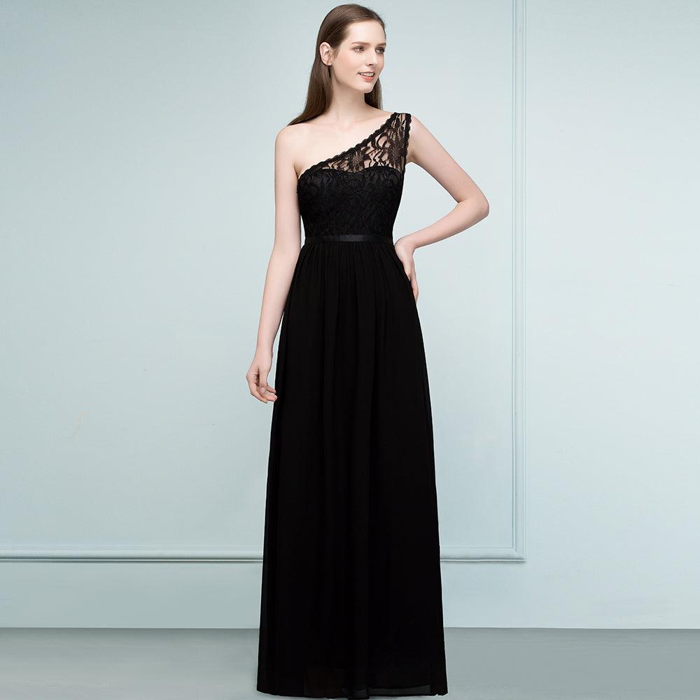 Bodenlanges A-Linien-Brautjungfernkleid aus Spitzenchiffon mit One-Shoulder-Träger und Schärpe
