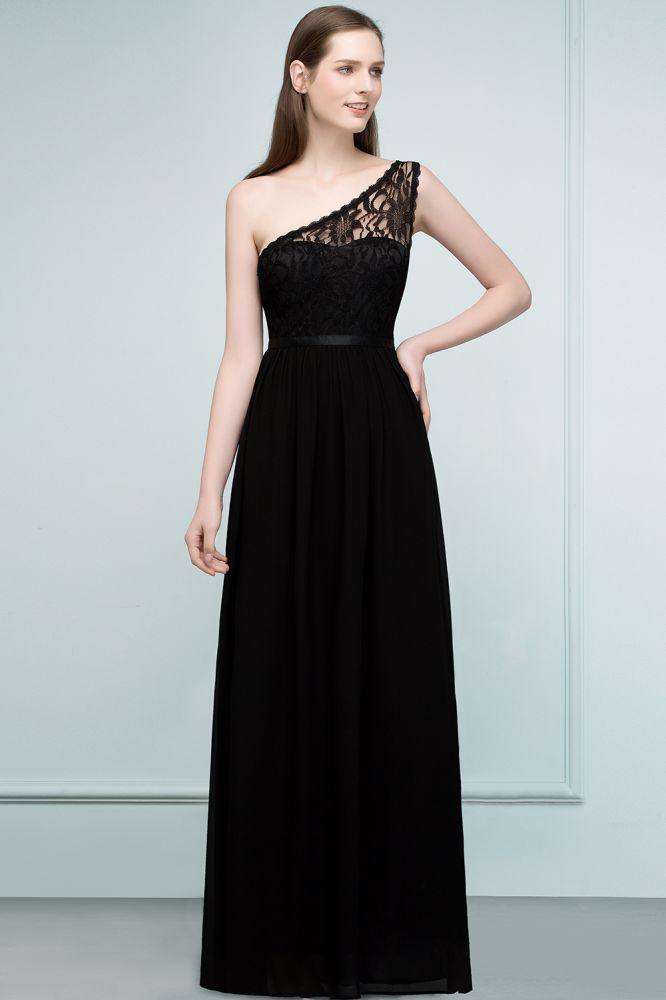Bodenlanges A-Linien-Brautjungfernkleid aus Spitzenchiffon mit One-Shoulder-Träger und Schärpe