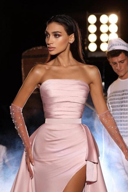 Vestido de fiesta de satén rosa ruborizado con escote en forma de A y abertura frontal con brillo