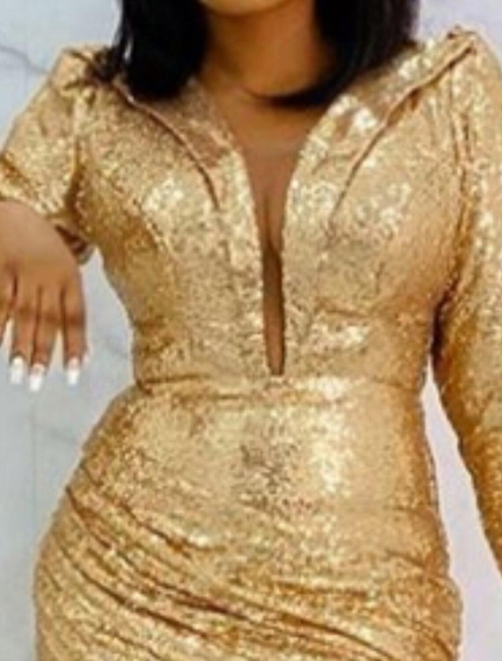 Vestido de noche formal elegante con escote pronunciado, manga larga, largo hasta el suelo, satén elástico con lentejuelas.