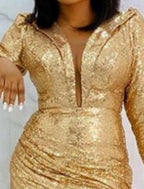 Vestido de noche formal elegante con escote pronunciado, manga larga, largo hasta el suelo, satén elástico con lentejuelas.