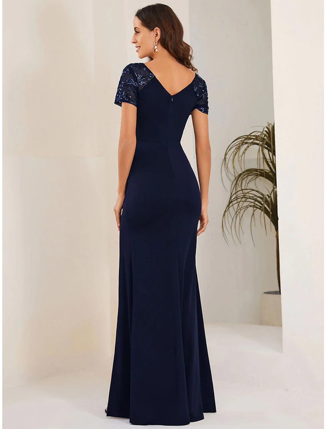 Meerjungfrau/Trompete Hochzeitsgastkleider Elegantes Kleid Formell Bodenlang Kurzarm V-Ausschnitt Stretchstoff mit Kristallen Schlitz