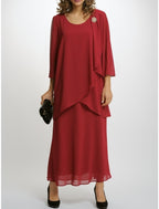 Etui-/Säulenkleid für die Brautmutter, Partykleid, schlicht, elegant, Rundhalsausschnitt, knöchellang, Chiffon, 3/4-Ärmel mit Falten, Kristallbrosche