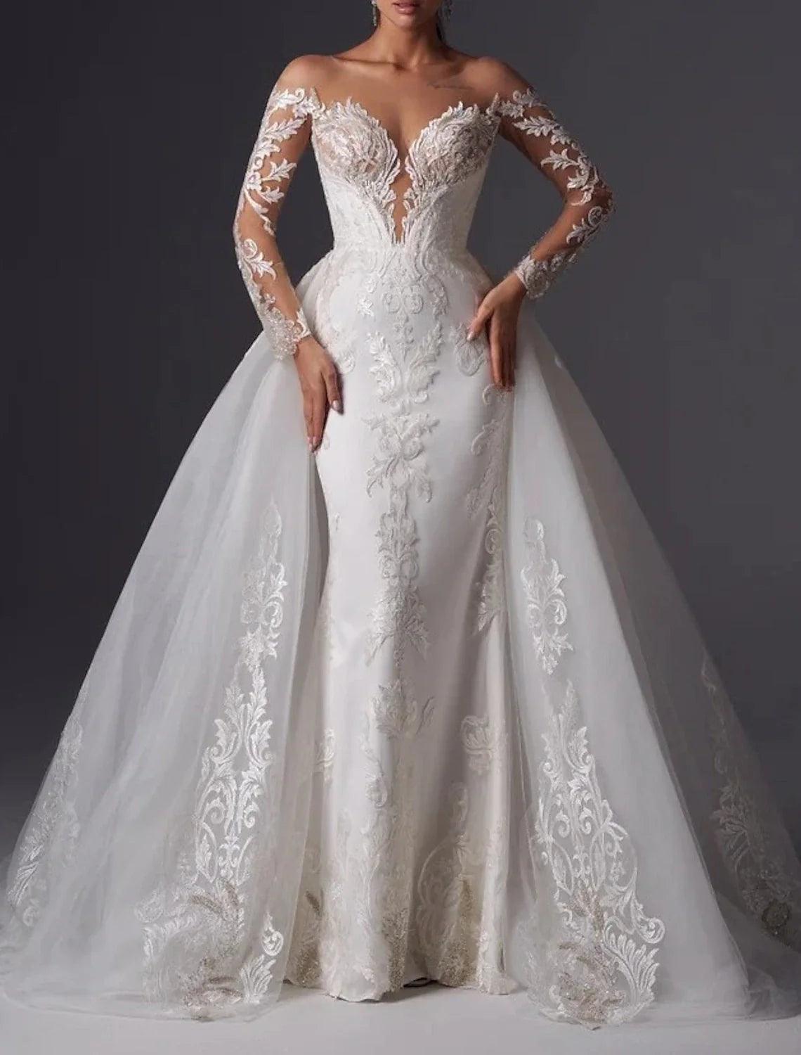 Verlobung, formelle Herbst-Brautkleider, Meerjungfrau/Trompete, schulterfrei, lange Ärmel, Hofschleppe, Satin, kirchliche Brautkleider mit Applikationen, einfarbig, Sommer, Hochzeitsfeier