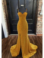 Vestidos de fiesta de sirena/trompeta, brillantes y con brillo, formales, para invitados de boda, con cola larga/cortada, sin mangas, escote corazón, lentejuelas, espalda descubierta y abertura con lentejuelas.