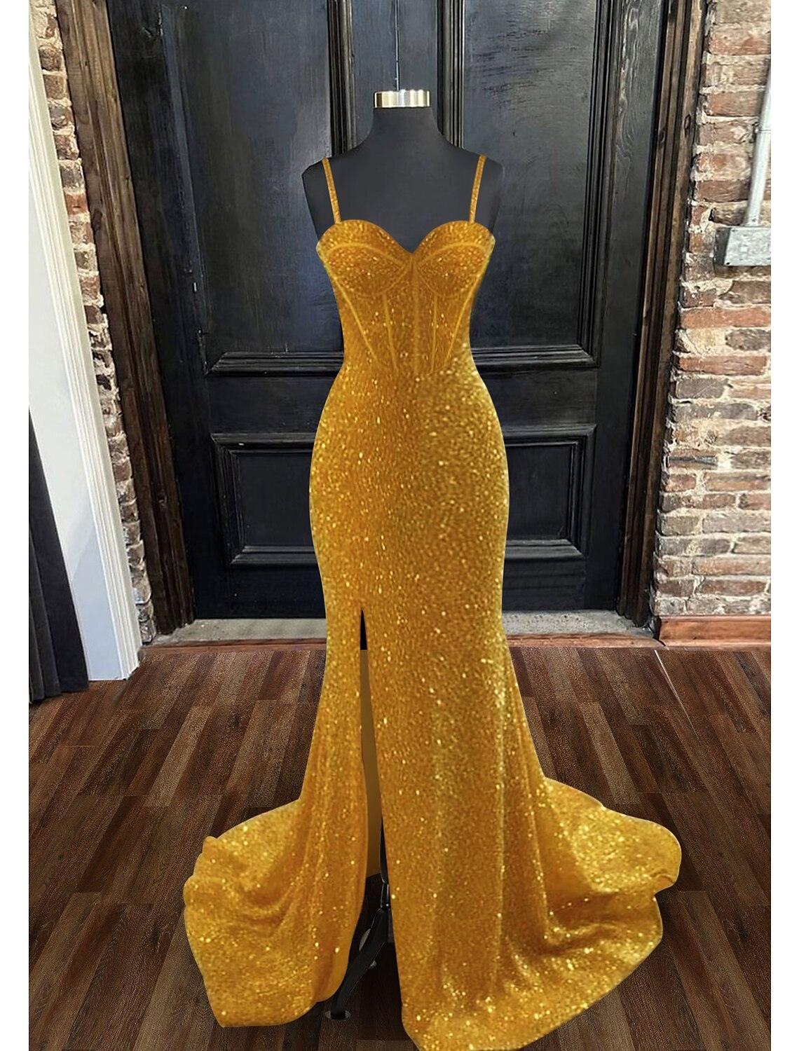 Vestidos de fiesta de sirena/trompeta, brillantes y con brillo, formales, para invitados de boda, con cola larga/cortada, sin mangas, escote corazón, lentejuelas, espalda descubierta y abertura con lentejuelas.