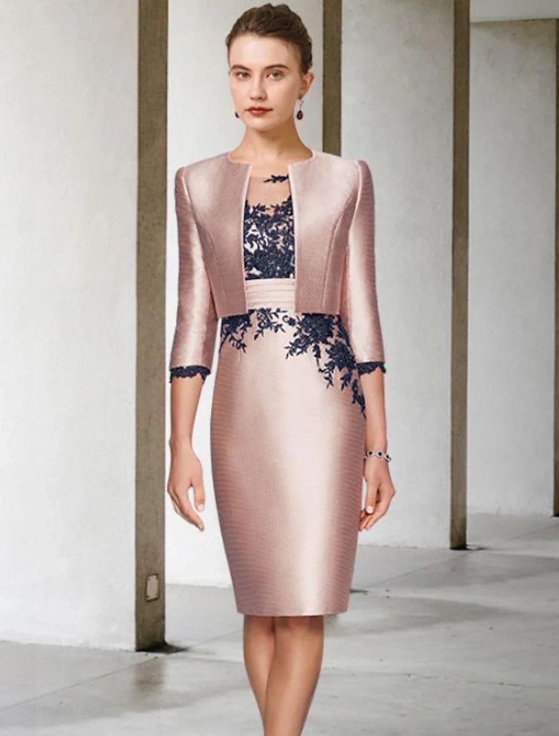 Zweiteiliges Etuikleid/Säulenkleid für die Mutter der Braut, Hochzeitsgast, Kirche, elegant, Rundhalsausschnitt, knielang, Satinspitze, 3/4-Ärmel, kurze Jacke, Kleider mit Applikationen, Farbblock
