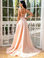 Mermaid / Trumpet Evening Gown Luxurious Dress Wedding Party Floor Length Sleeveless V Neck Detachable Satin with Sequin Slit