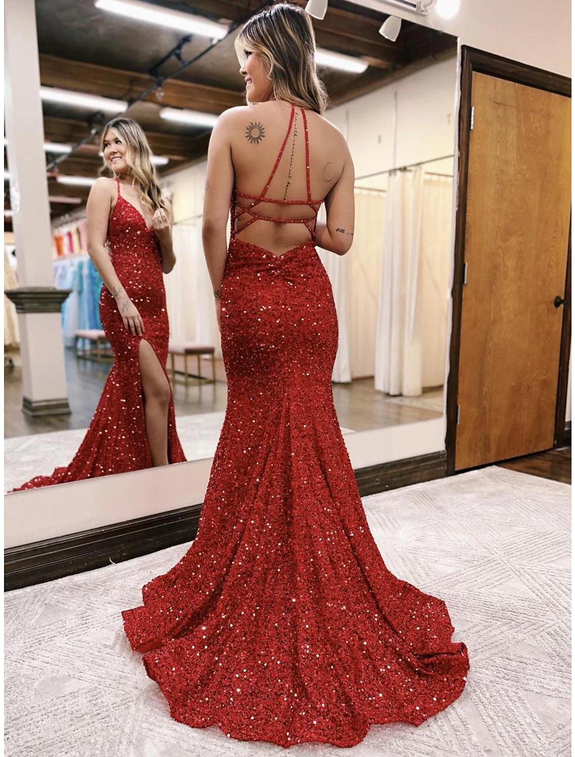 Vestidos de fiesta de sirena/trompeta con brillo y brillo, vestido formal para fiesta de bodas, cola larga/cepillo, sin mangas, cuello en V, lentejuelas, espalda descubierta con abertura de lentejuelas