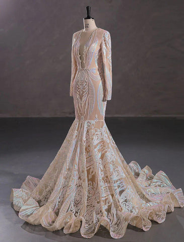 Meerjungfrau/Trompete Abendkleid Sparkle &amp; Shine Kleid Formeller Abend Hochzeitsfeier Kapelle Schleppe Langarm Juwel Hals Afroamerikaner Pailletten mit Pailletten