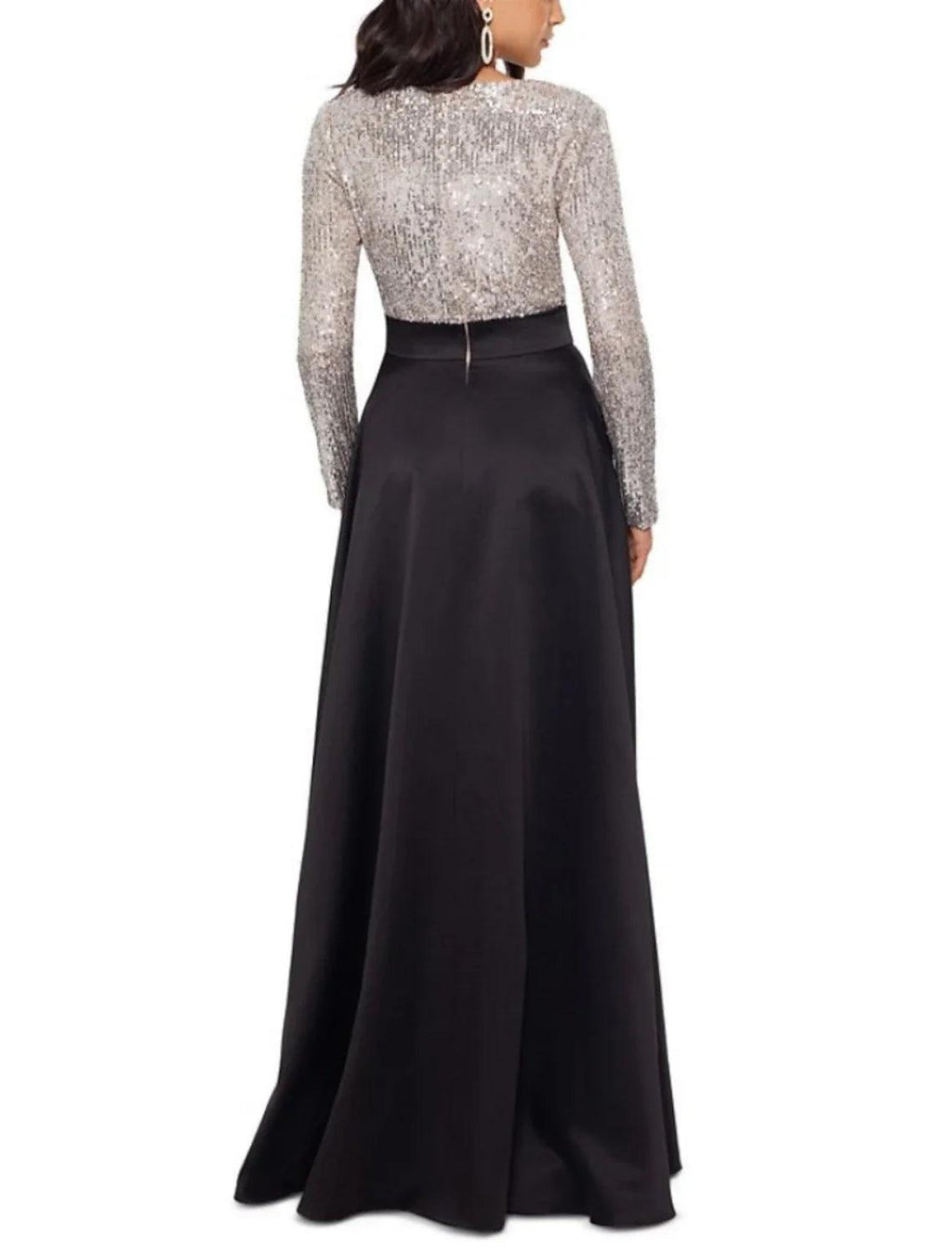 Etui-Linie/Säulenkleid für die Mutter der Braut, Hochzeitsgast, Party, Glitzer und Glanz, V-Ausschnitt, bodenlang, Satin, Pailletten, lange Ärmel, mit Schleife(n), Falten