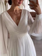 NumberSea Kleine weiße Kleider Brautkleider A-Linie V-Ausschnitt Langarm Wadenlang Chiffon Brautkleider Mit Falten Einfarbig