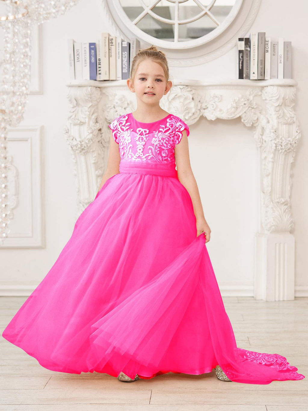 NumberSea - A - line Lace Tulle Sweep Train Pink Flower Girl Dress