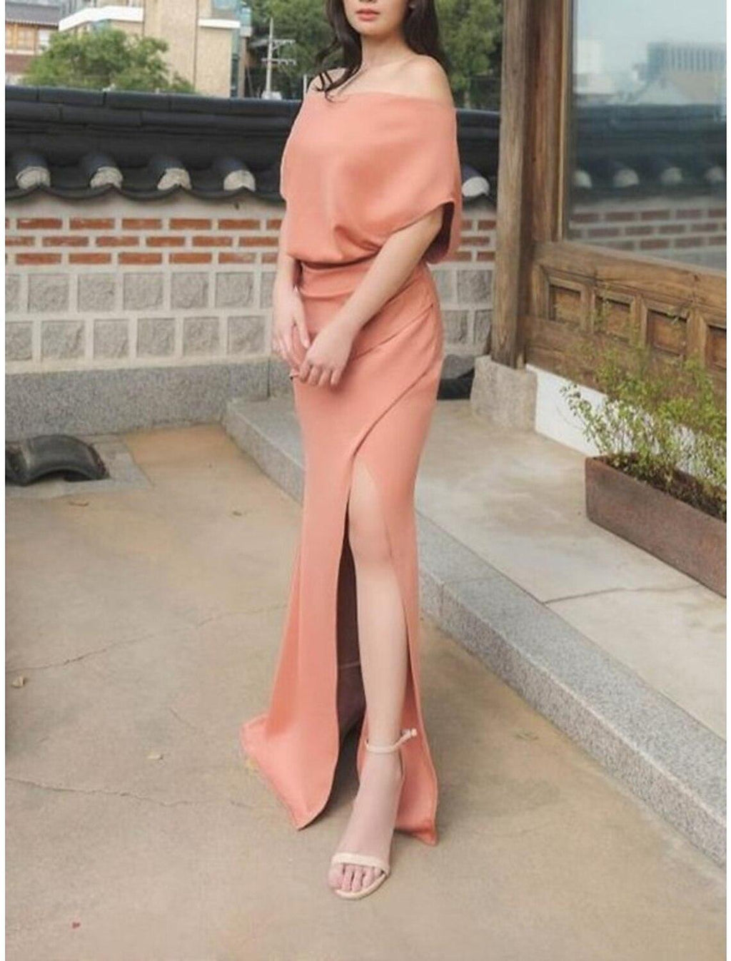 Etui-Linie Empire-Linie Elegantes Hochzeitsgastkleid Formeller Abend Geburtstag Schulterfrei Halbarm Bodenlang Stretch Chiffon mit Schlitz