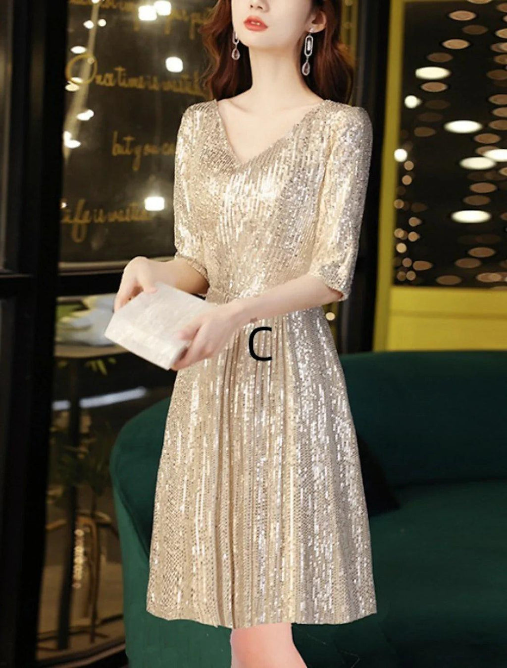 Etui-Linie/Säulenkleid für die Mutter der Braut, Hochzeitsgast, elegant, funkelnd und glänzend, V-Ausschnitt, bodenlang, Pailletten, halbe Ärmel mit Falten