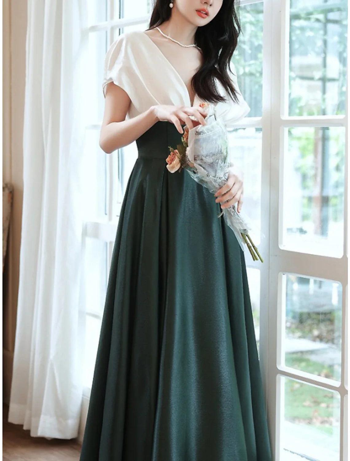 Sheath / Column Mother of the Bride Dress Wedding Guest Vintage Elegant V Neck Floor Length Satin Short Sleeve with Pleats Color Block