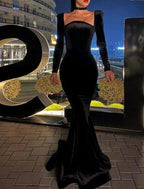 Meerjungfrau/Trompete, sexy, figurbetontes Abendkleid für Hochzeitsgäste, quadratischer Ausschnitt, lange Ärmel, bodenlang, Samt mit glatter, reiner Farbe