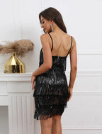 Vestido de fiesta de tubo/columna, vestido vintage de verano para regreso a casa, corto/mini, sin mangas, tirantes finos, con lentejuelas y flecos y borlas de lentejuelas.
