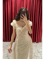 Vestido de noche con corte tubo/columna, brillante y con brillo, formal, de otoño, con cola larga/cepillo, manga corta, escote en V, lentejuelas y brillo fruncido.