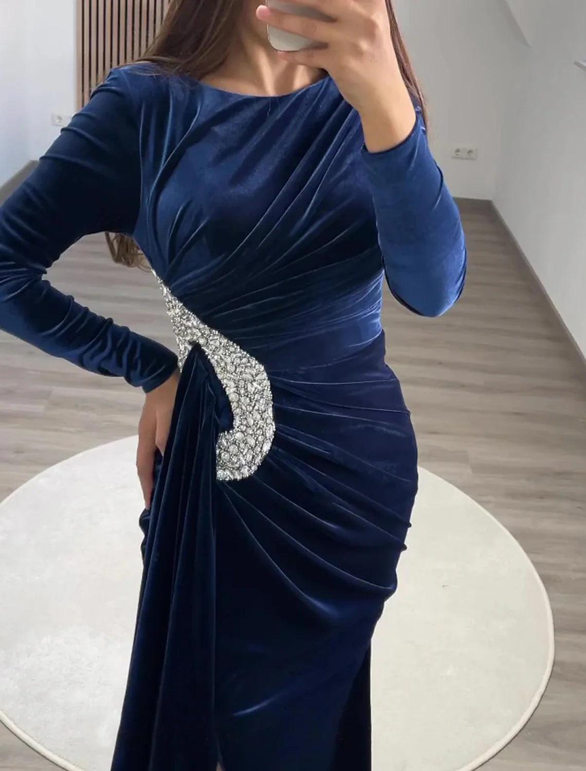 Sheath Evening Gown Vintage Black Dress Plus Size Formal Velvet Christmas Red Green Dress Floor Length Long Sleeve Off Shoulder Fall Wedding Reception with Rhinestone Slit