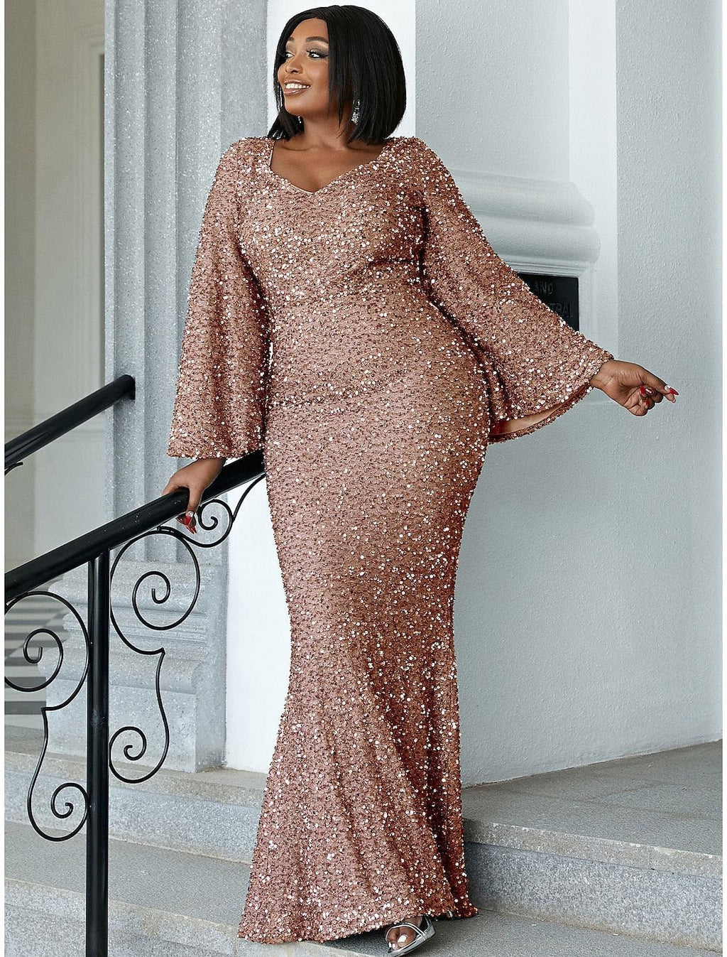 NumberSea-Mermaid / Trumpet Wedding Guest Dresses Plus Size Dress Cocktail Party Black Tie Floor Length Long Sleeve Scoop Neck Sequined with Glitter NumberSea-Mermaid / Trumpet Wedding Guest Dresses Plus Size Dress Cocktail Party Black Tie Floor Length Long Sleeve Scoop Neck Sequined with Glitter