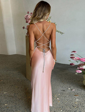 Meerjungfrau Schwarzes Kleid Partykleider Hoher Schlitz Kleid Formelles Bodenlanges Ärmelloses Spaghettiträger Satin Rückenfrei mit Schlitz