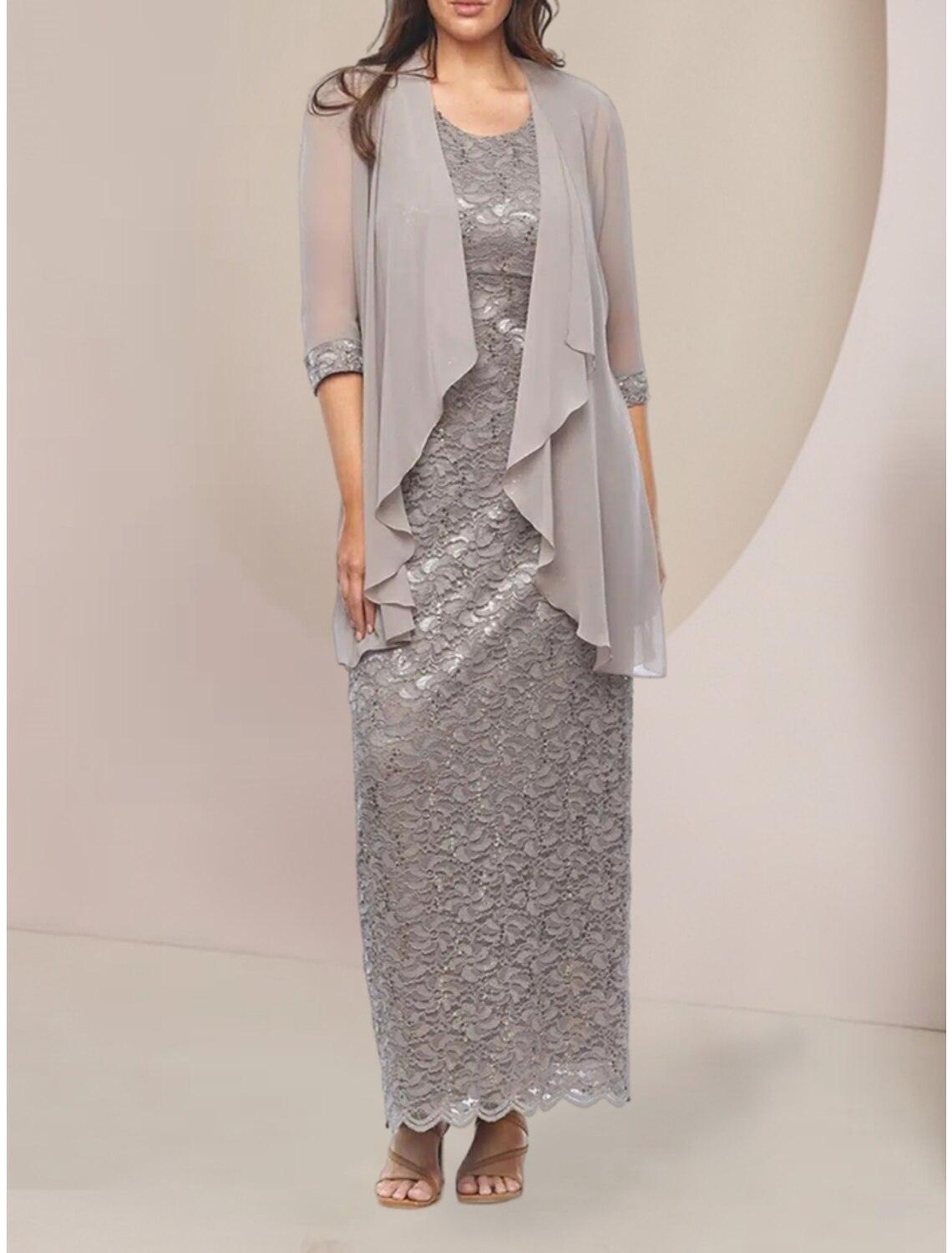 Vestido de dos piezas tipo tubo/columna para madre de la novia, elegante, escote redondo, largo hasta los tobillos, de gasa, media manga con fruncido de lentejuelas, color liso.