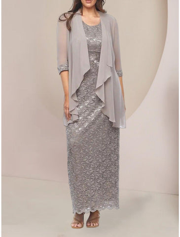 Vestido de dos piezas tipo tubo/columna para madre de la novia, elegante, escote redondo, largo hasta los tobillos, de gasa, media manga con fruncido de lentejuelas, color liso.