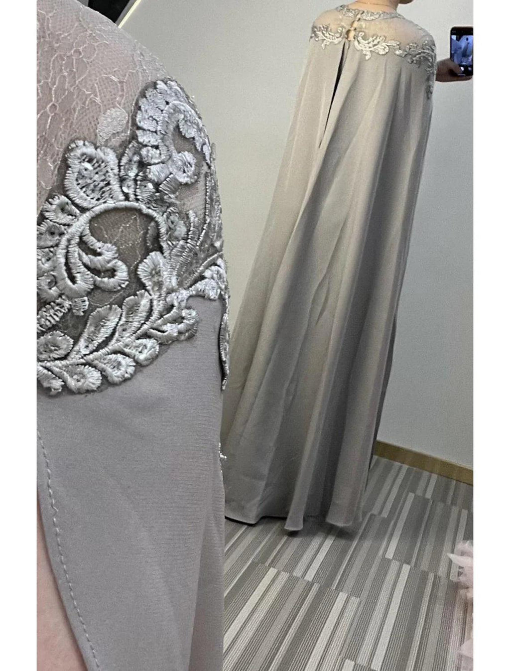 Etui-/Säulen-Abendkleid, elegantes Kleid, formeller Abend, bodenlang, kurze Ärmel, Illusionsausschnitt, Herbst, Hochzeitsgast, Stretchstoff mit Spitzeneinsatz, Applikationen