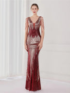 Mermaid / Trumpet Evening Gown Elegant Dress Wedding Guest Floor Length Sleeveless V Neck Sequined V Back with Sequin